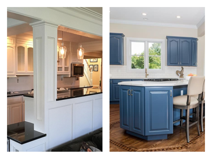 white and blue cabinets